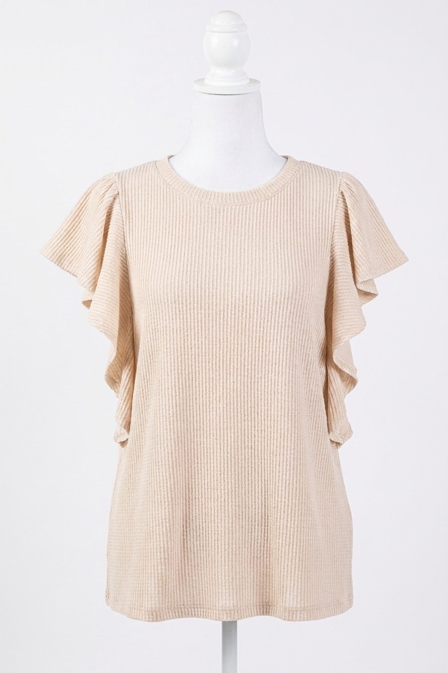 NEW HEIMISH USA ruffled sleeve solid ribbed top in cream